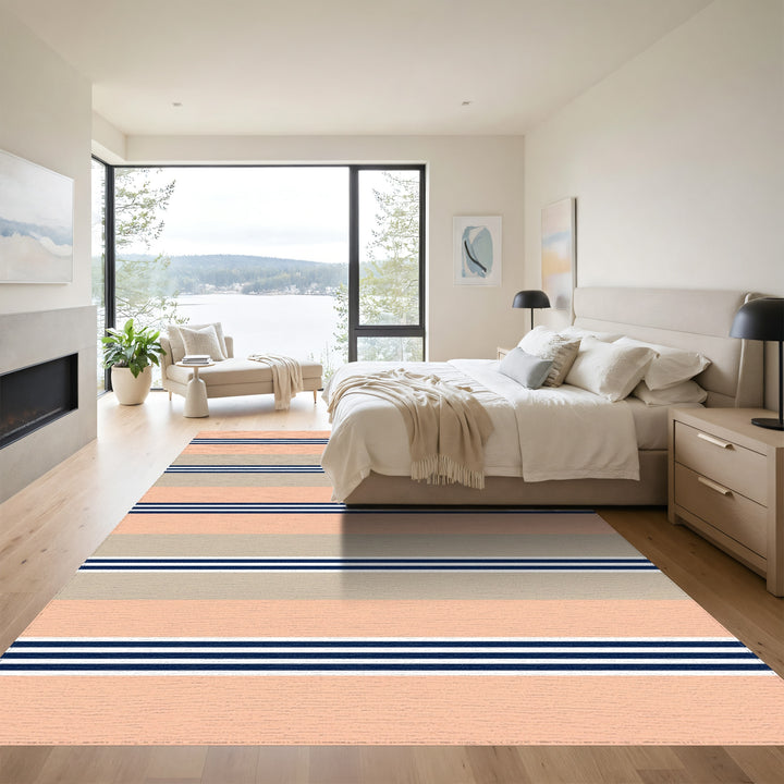 Coral Beige Navy Stripe Rug