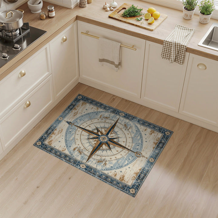 Distressed Vintage Compass Blue Area Rug