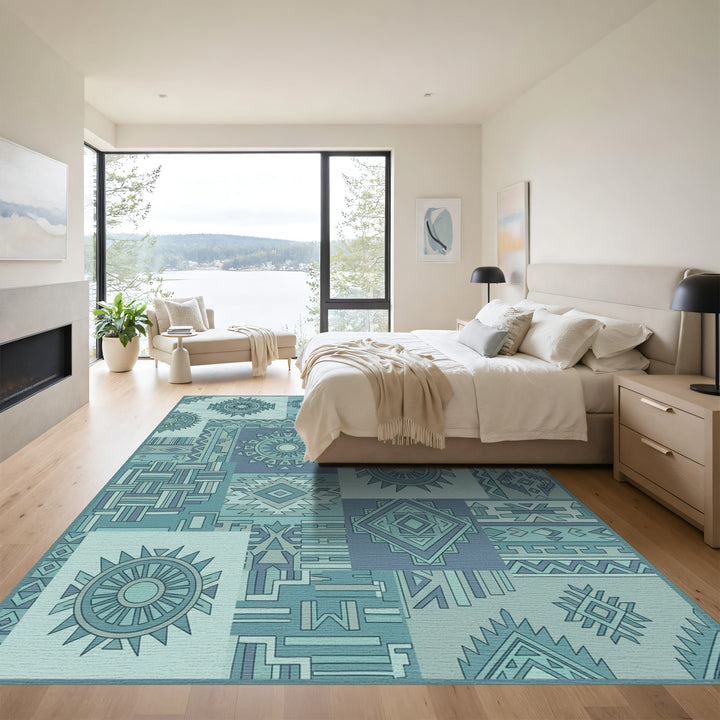 Teal Patchwork Geometric Medallion Rug