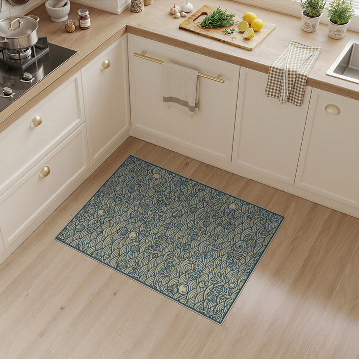 Coastal Beach Blue Coastal Waves Seashell Area Rug