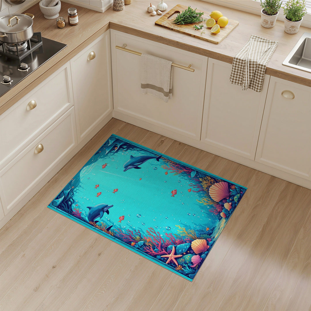 Dolphin Reef Blue Teal Coastal Area Rug