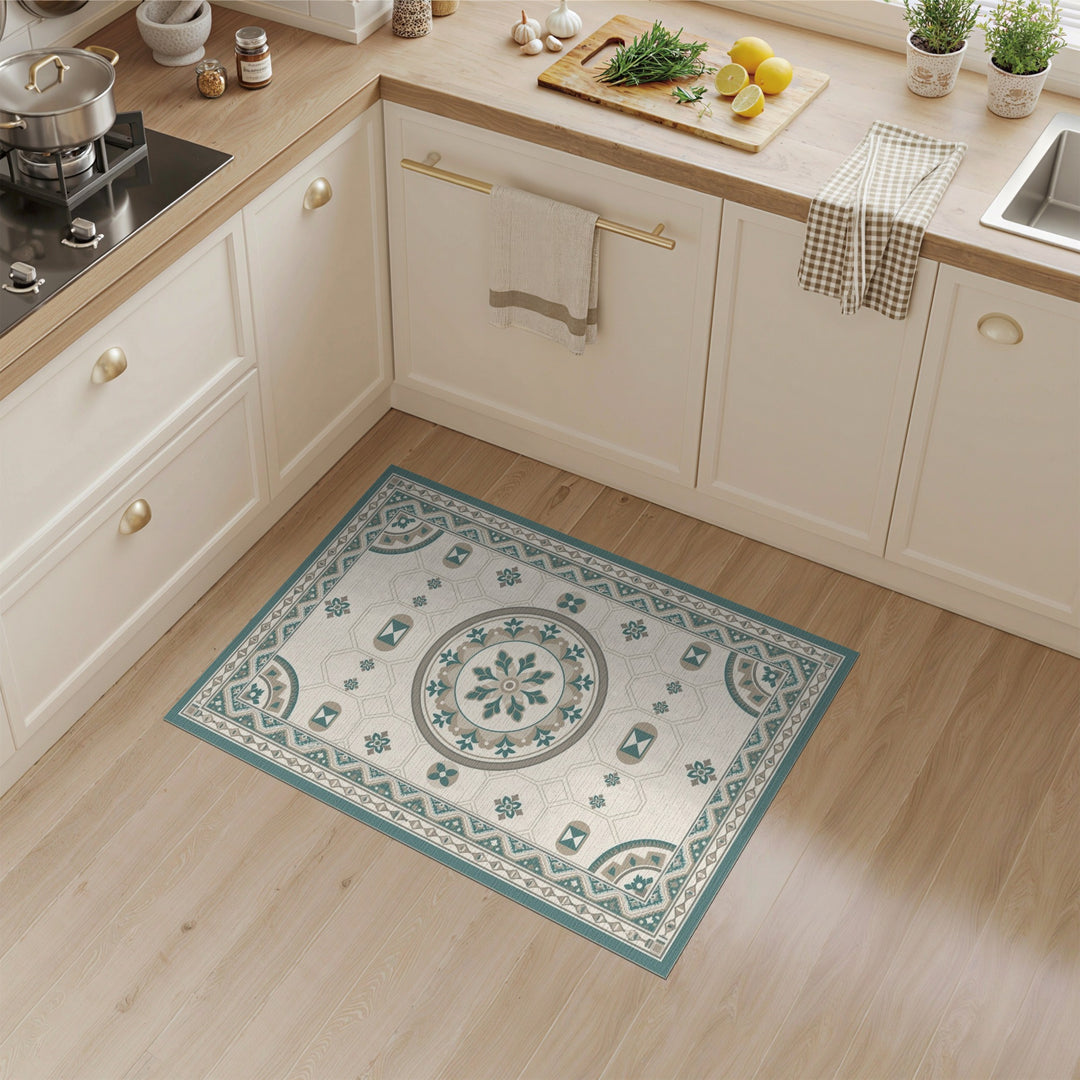 Teal Geometric Medallion Washable Area Rug