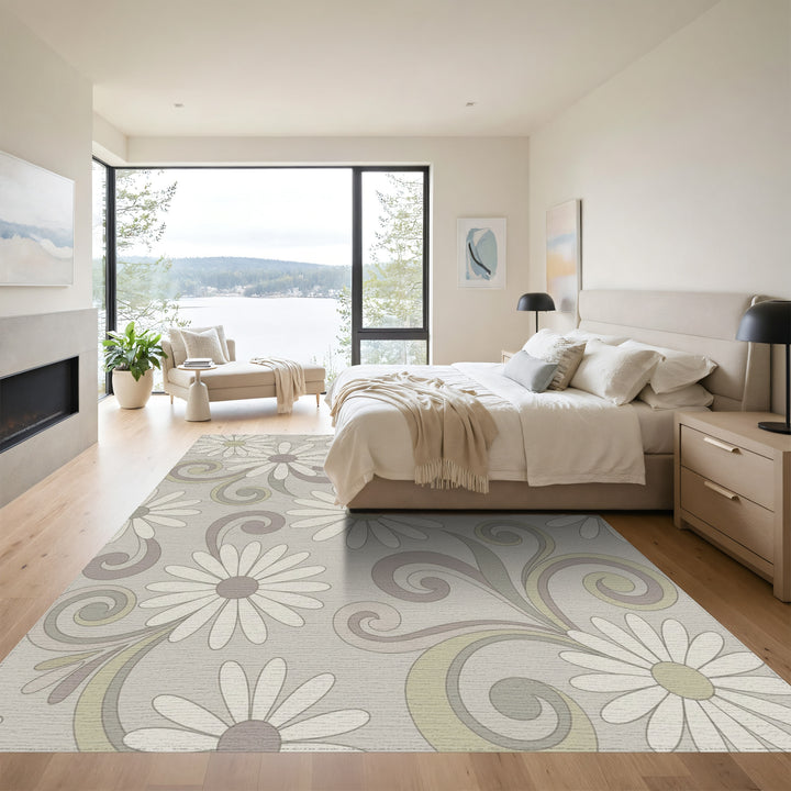Retro Daisy Swirl Taupe Floral Rug