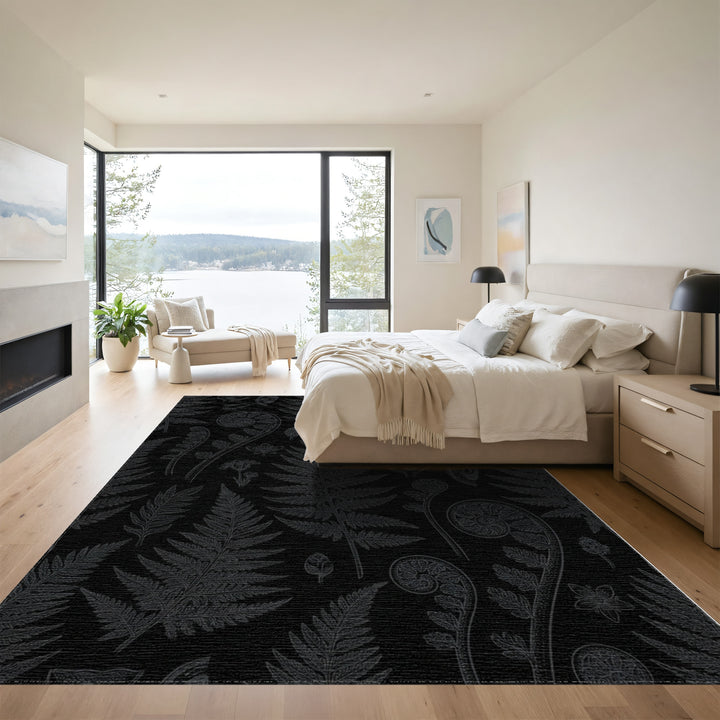 Dark Charcoal Fern Botanical Illustration Rug