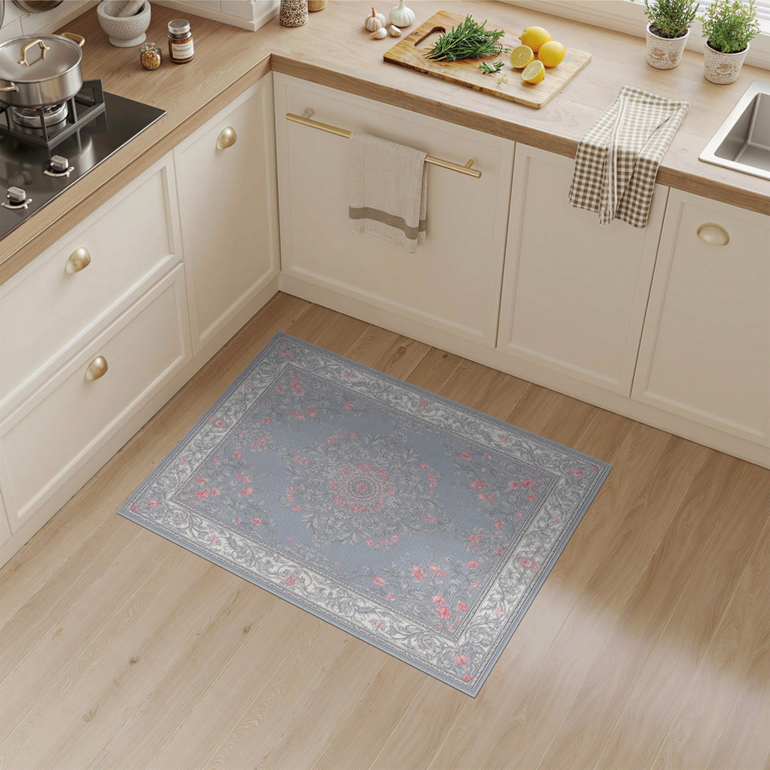 Blue Pink Floral Medallion Vintage Rug