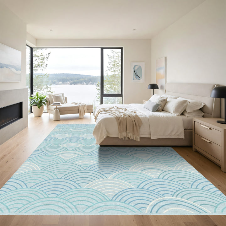 Serene Blue Scalloped Wave Rug