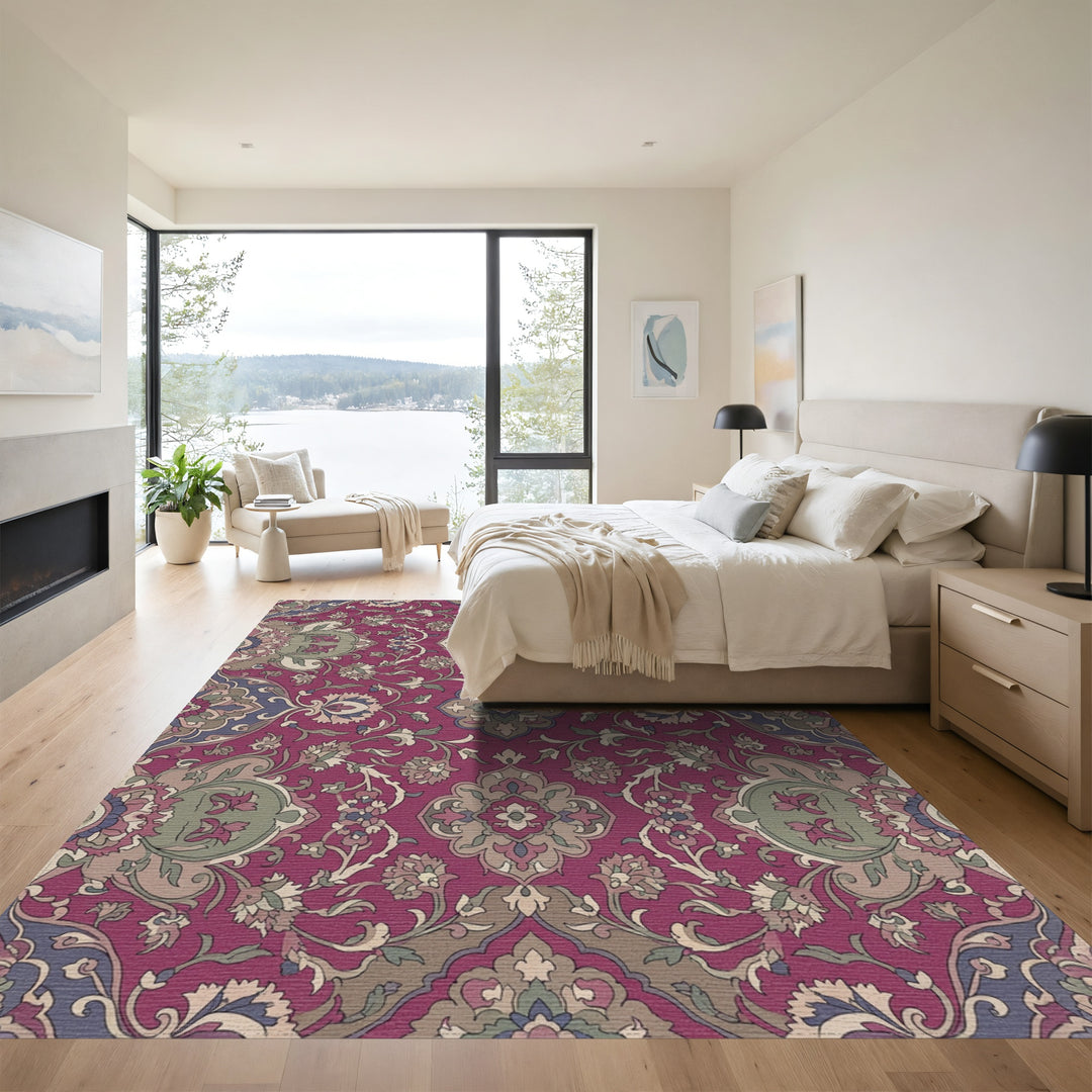 Deep Crimson Floral Medallion Scroll Rug