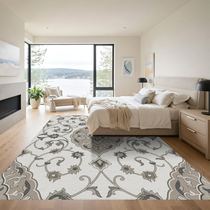 Neutral Ochre Floral Arabesque Rug