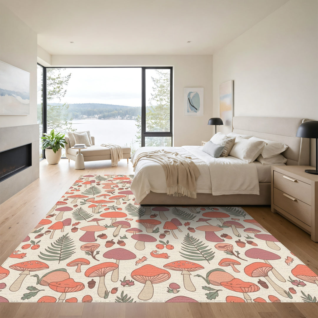 Retro Woodland Mushroom Fern Squirrels Rug