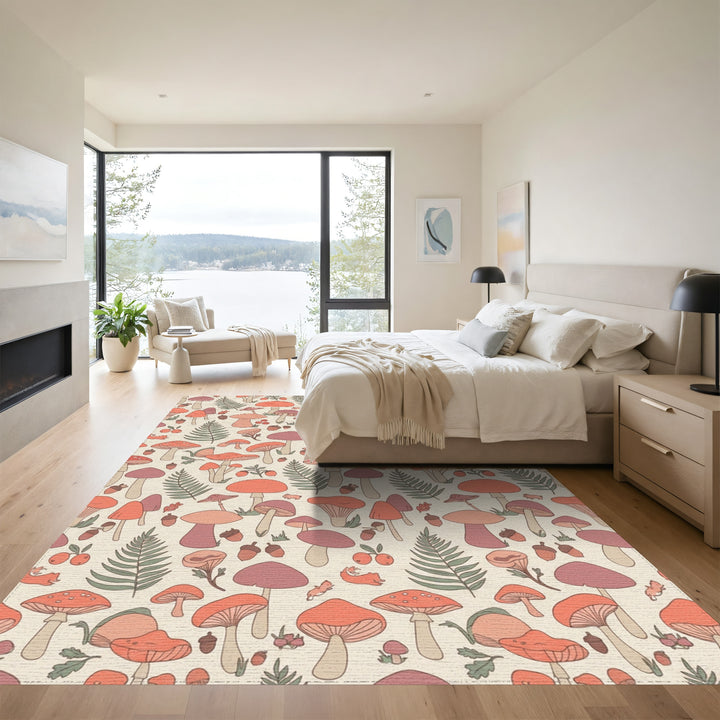 Retro Woodland Mushroom Fern Squirrels Rug