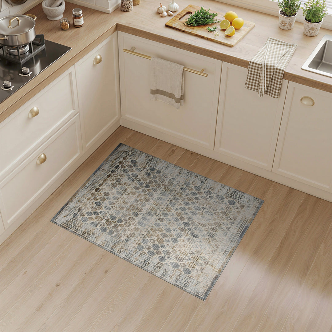 Beige Neutral Distressed Geometric Area Rug