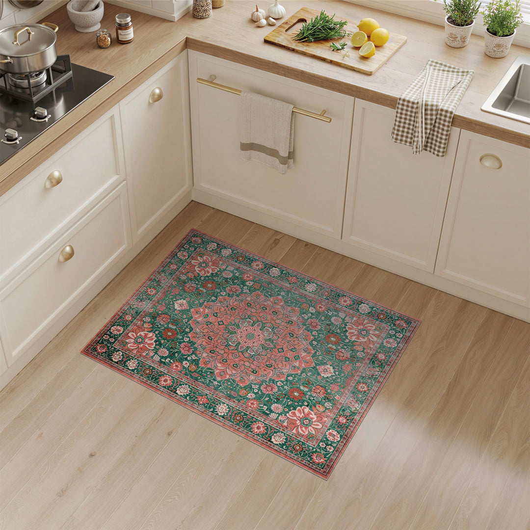 Green Floral Vintage Area Rug