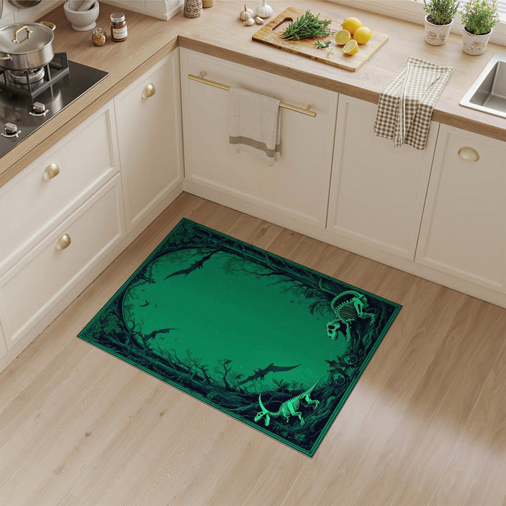 Green Dinosaur Skeleton Jungle Washable Area Rug
