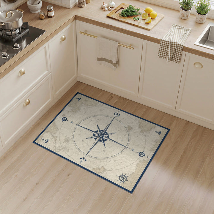 Distressed Vintage Blue and Teal Vintage Nautical Compass Blue Area Rug