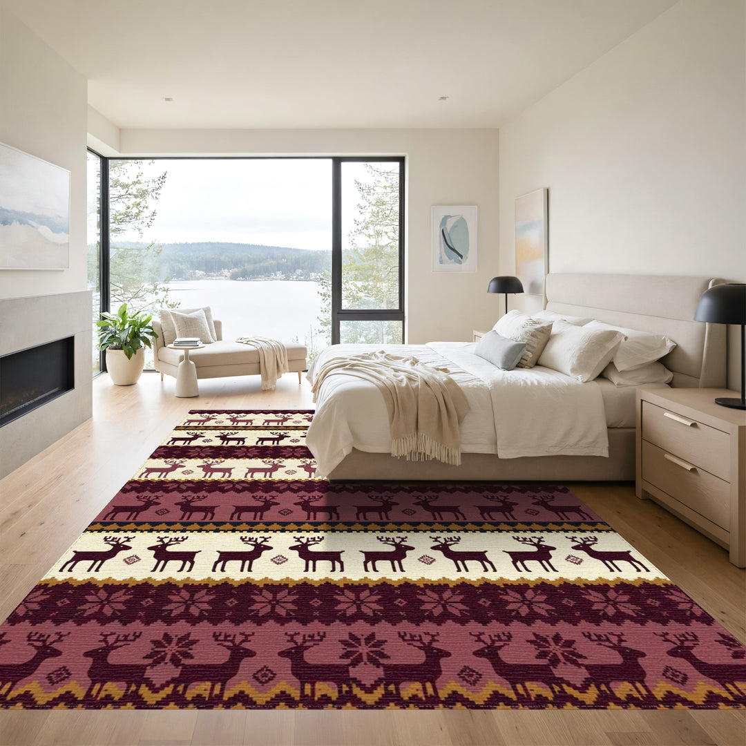 Warm Burgundy Reindeer Nordic Stripe Rug
