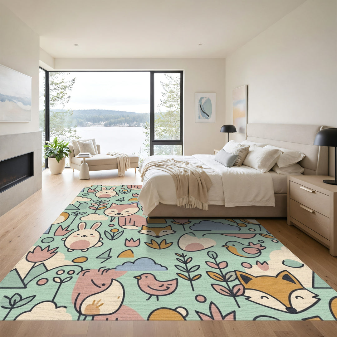 Cute Woodland Critters and Flowers Rug