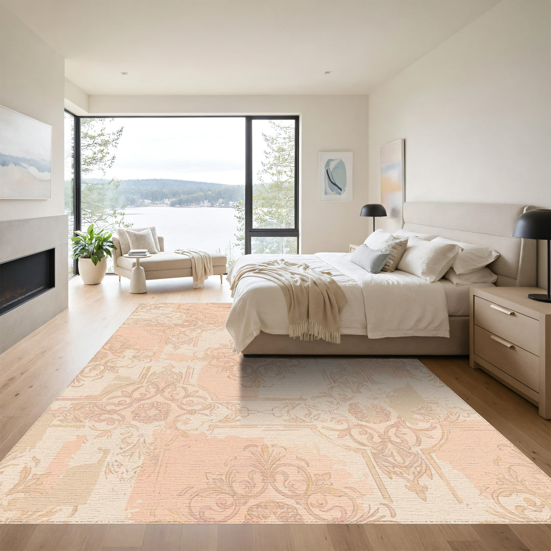 Pastel Peach Damask Scrollwork Rug