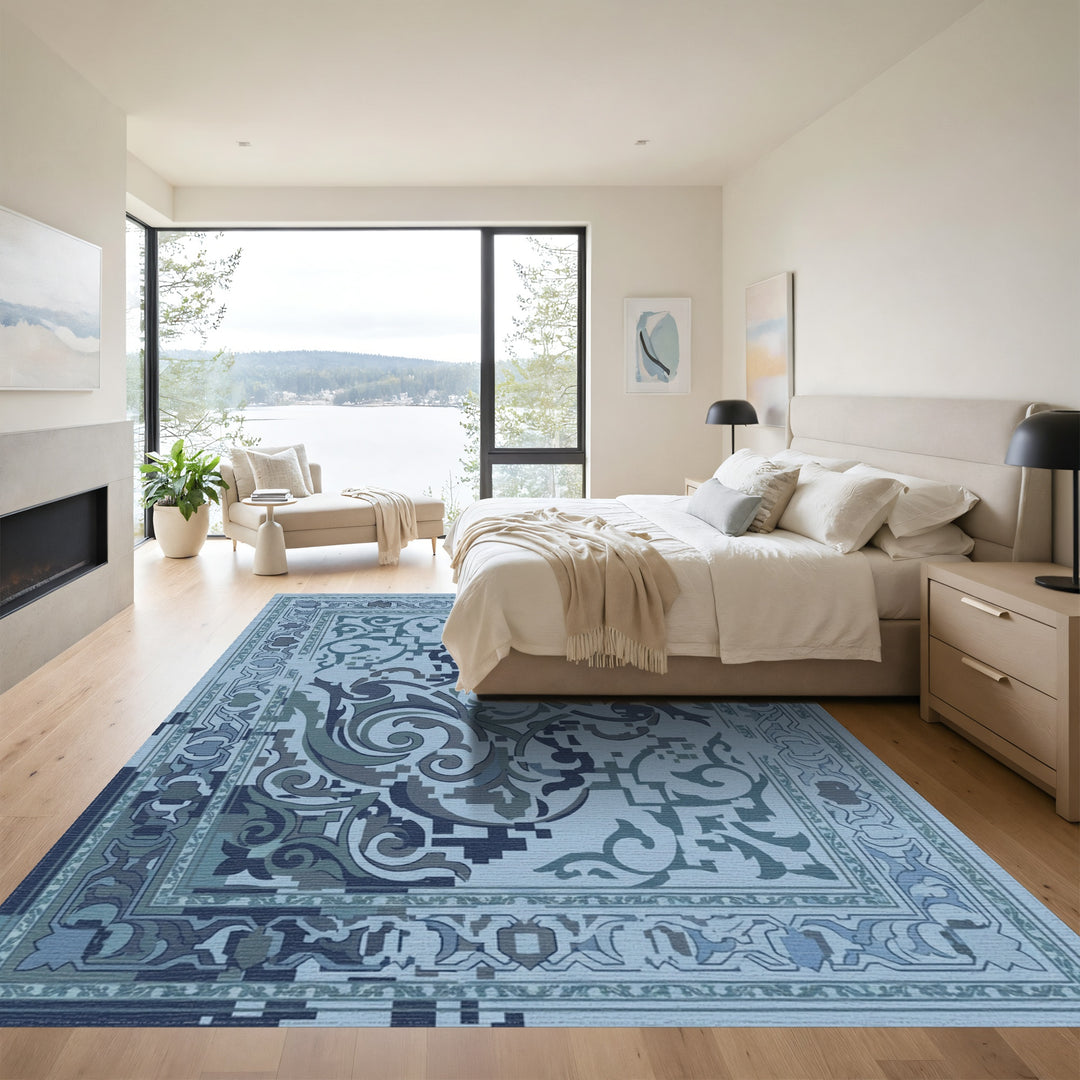 Abstract Blue Filigree Swirl Medallion Rug
