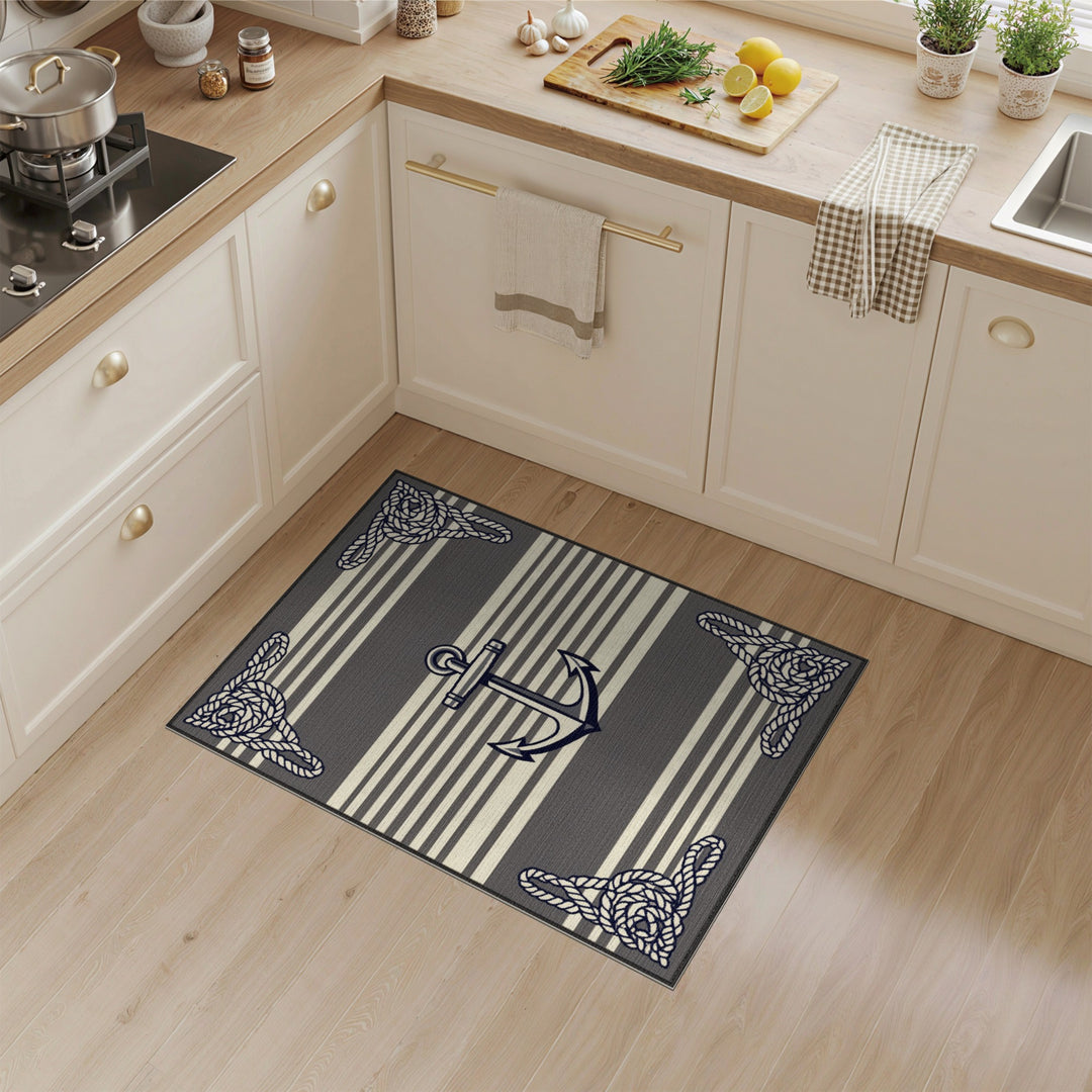 Grey Striped Nautical Anchor Area Rug