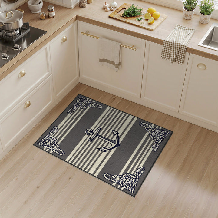 Grey Striped Nautical Anchor Area Rug