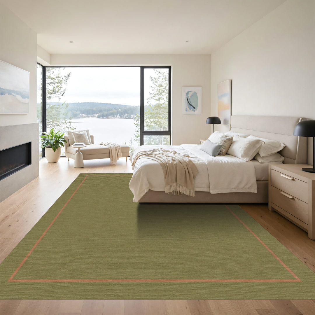Olive Green Bordered Abstract Rug