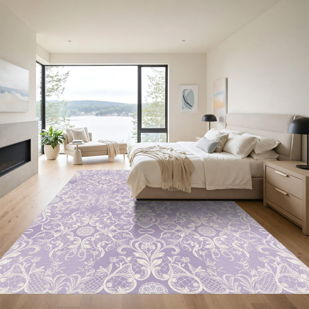Lavender White Delicate Rococo Swirl Rug