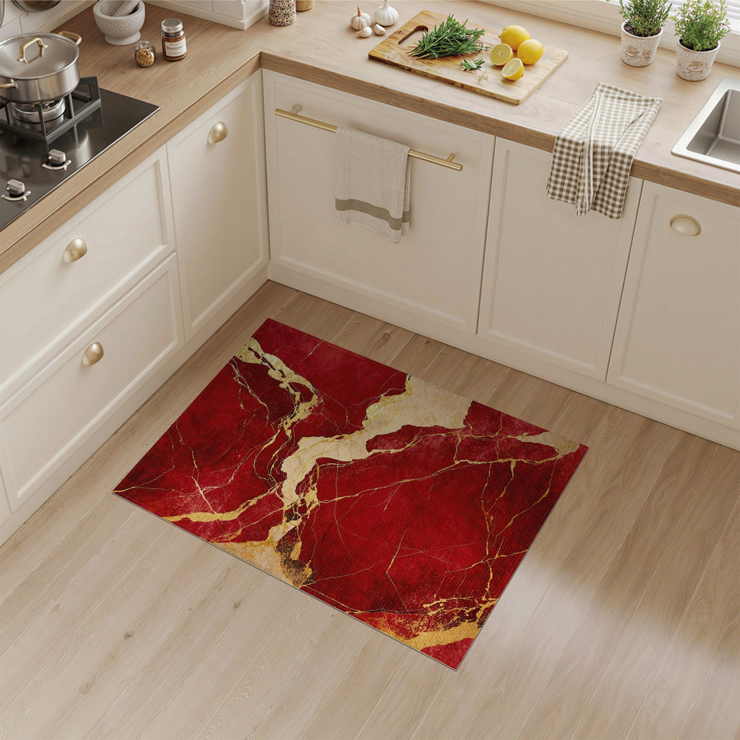 Red Marble Gold Vein Abstract Area Rug