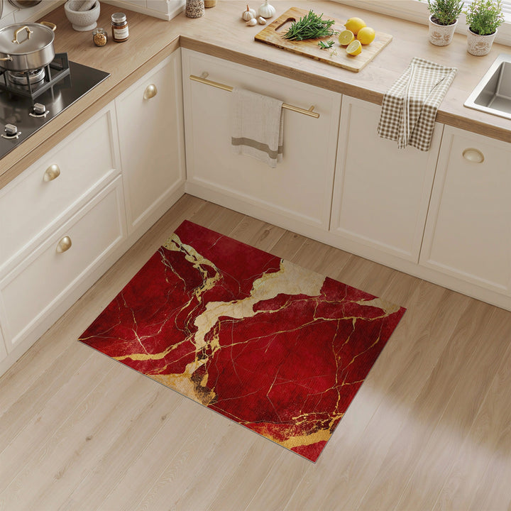 Red Marble Gold Vein Abstract Area Rug