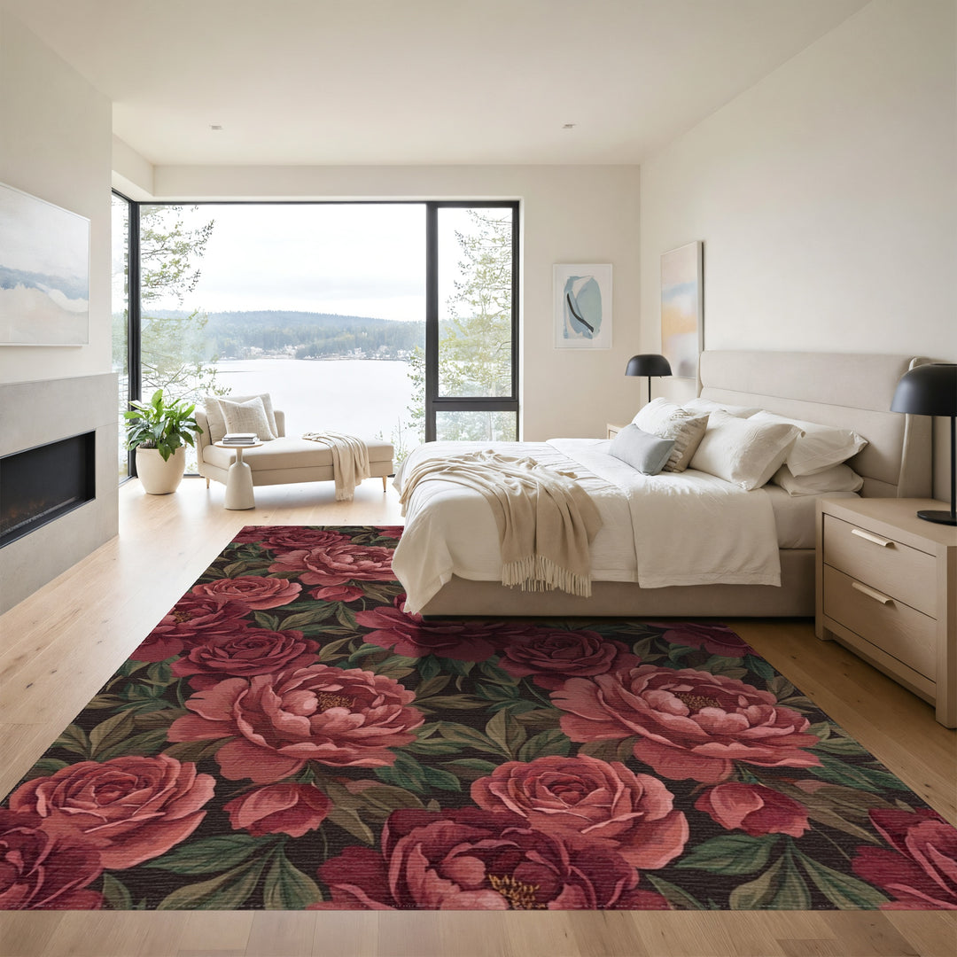 Deep Red Floral Garden Bloom Rug