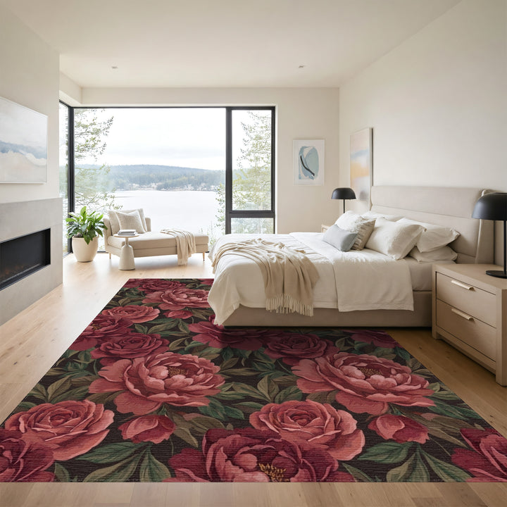 Deep Red Floral Garden Bloom Rug