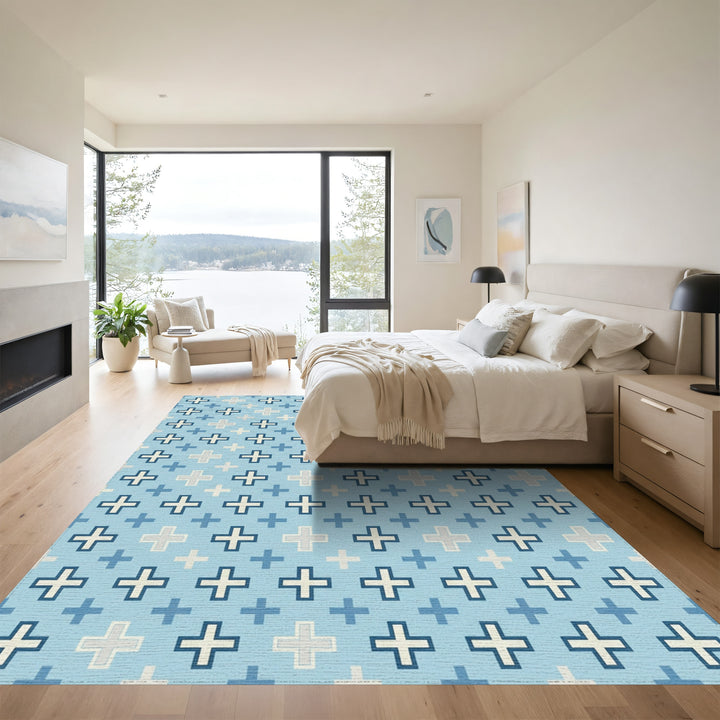 Sky Blue Cross Geometric Tile Rug