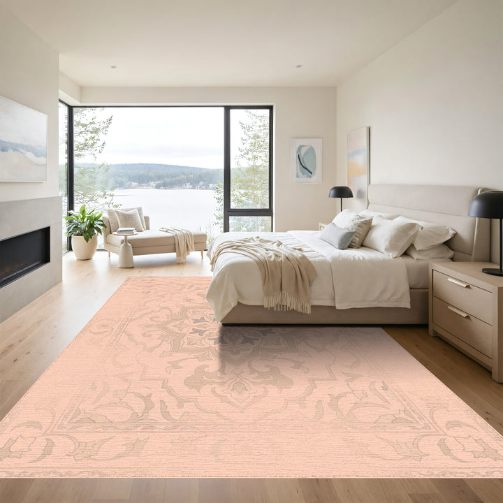 Pale Coral Floral Medallion Border Rug