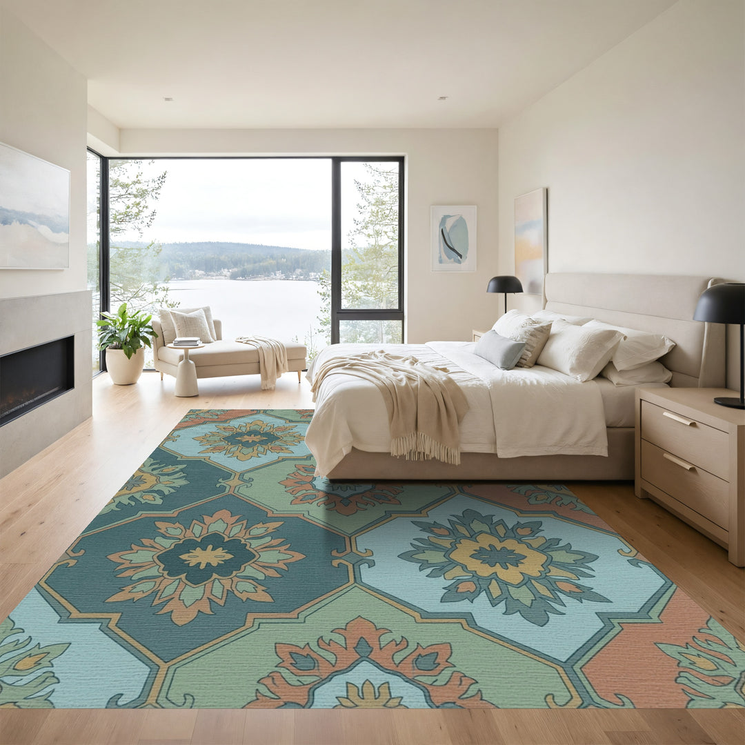 Earthy Jewel Toned Medallion Tile Rug
