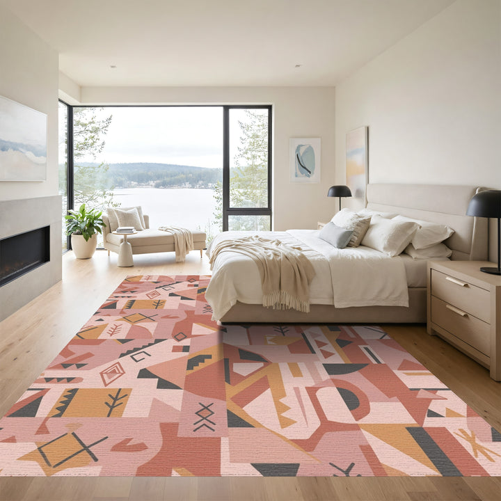 Terracotta Pink Abstract Geometric Collage Rug