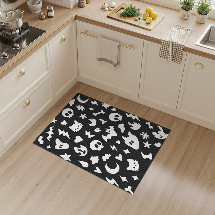 Spooky Halloween Black White Washable Area Rug