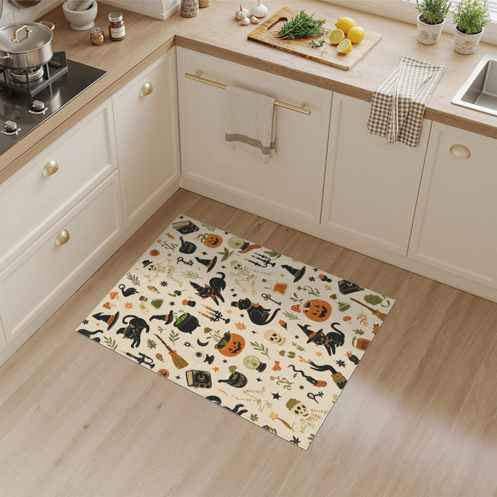 Beige and Neutral Spooky Black Cat Halloween Area Rug