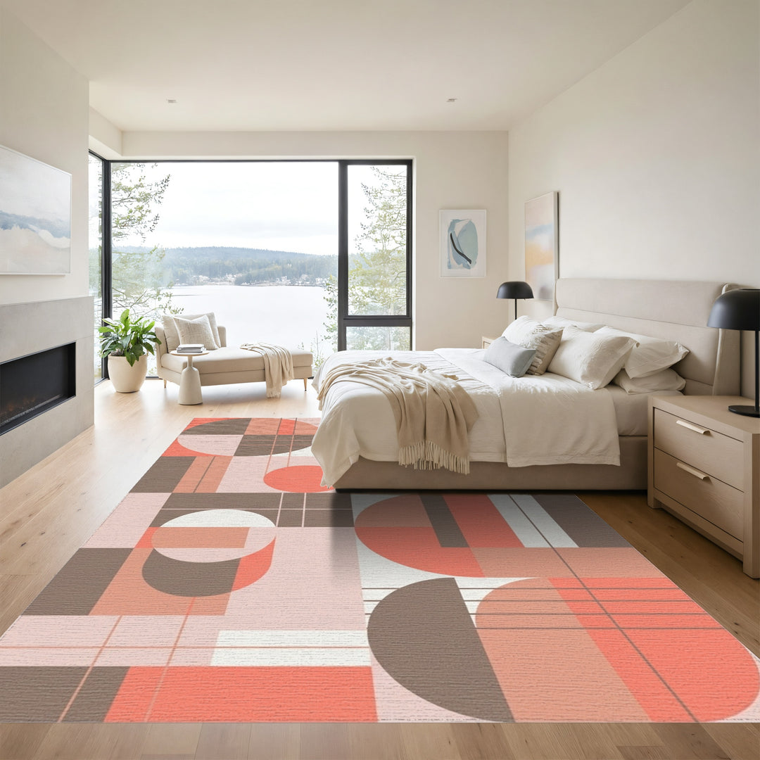 Coral Brown Geometric Circles Squares Rug