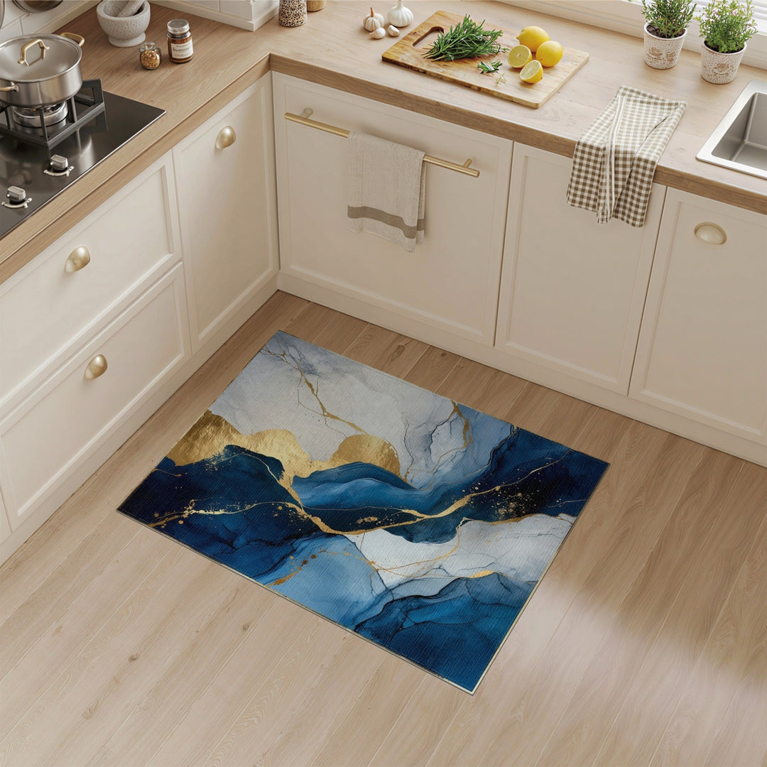 Blue and Teal Navy Blue Gold Marble Abstract Area Rug