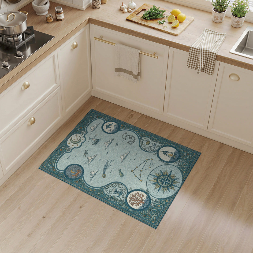 Blue Teal Nautical Compass Ocean Area Rug