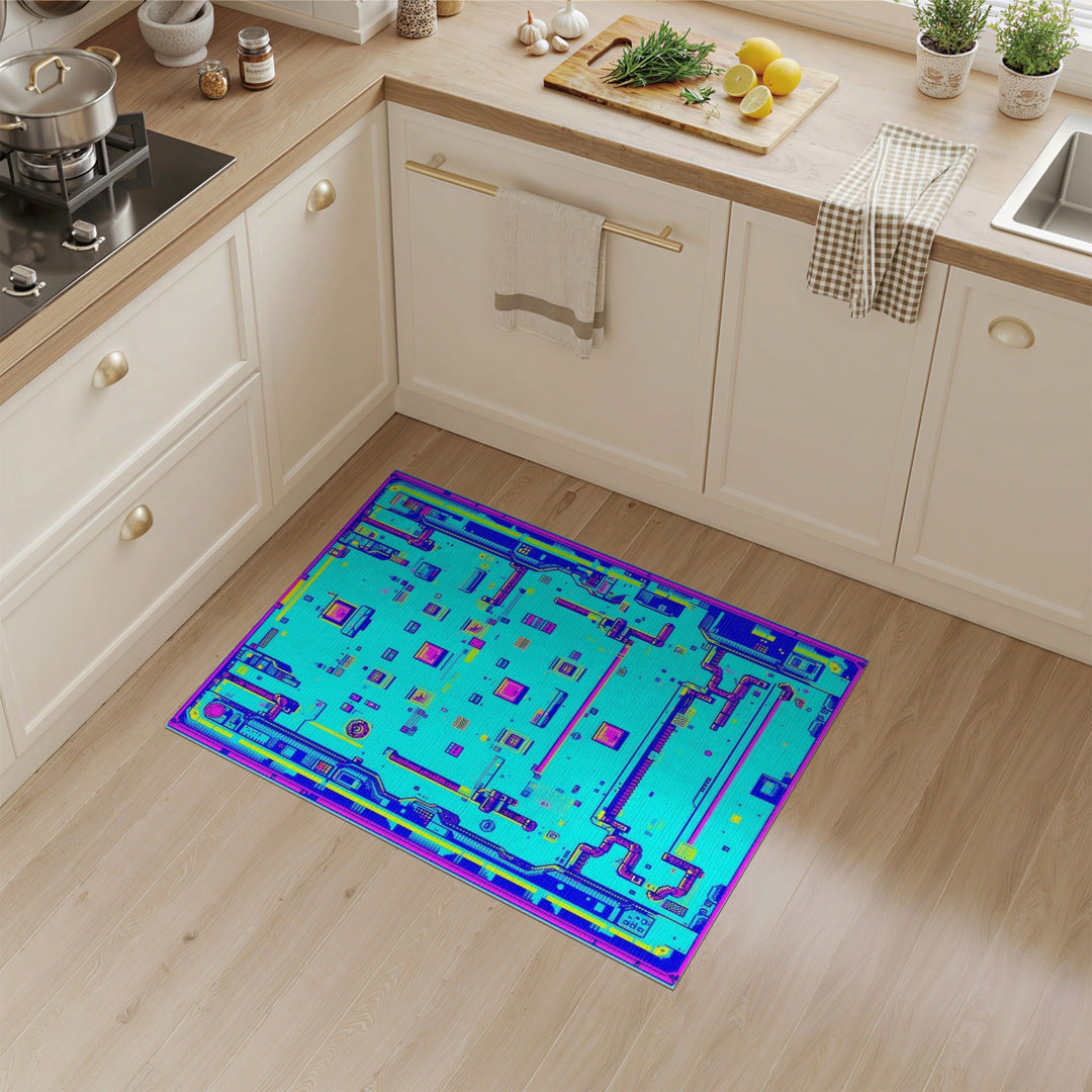 Neon Blue Pixel Circuit Area Rug