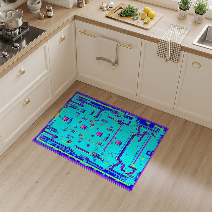 Neon Blue Pixel Circuit Area Rug