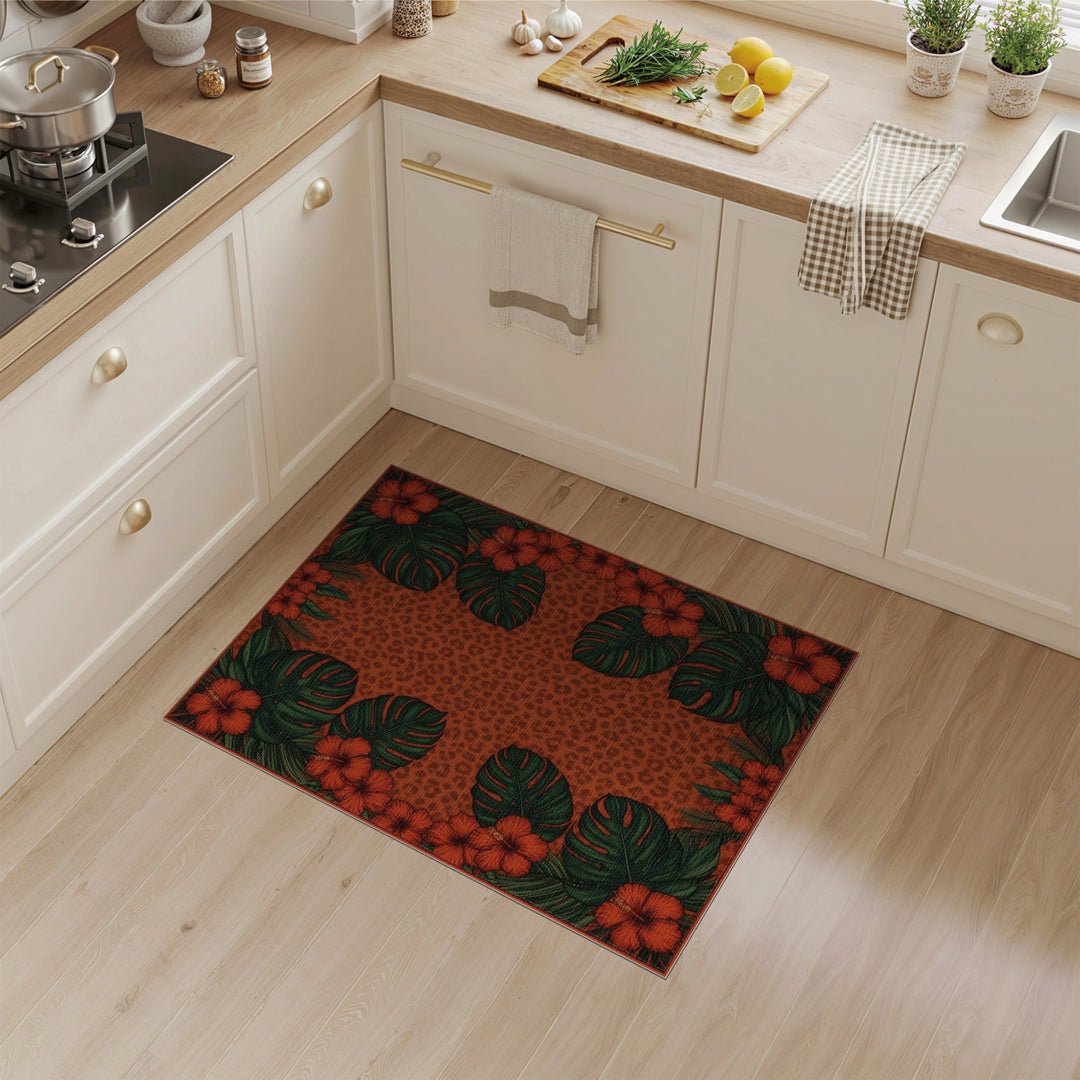 Red Hibiscus Leopard Print Area Rug
