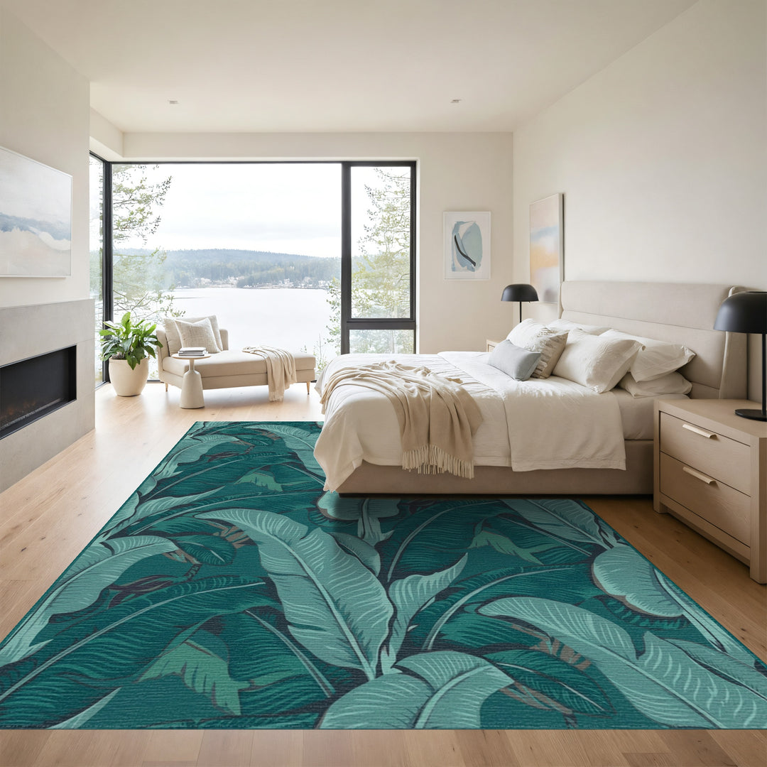 Deep Teal Botanical Banana Leaf Rug