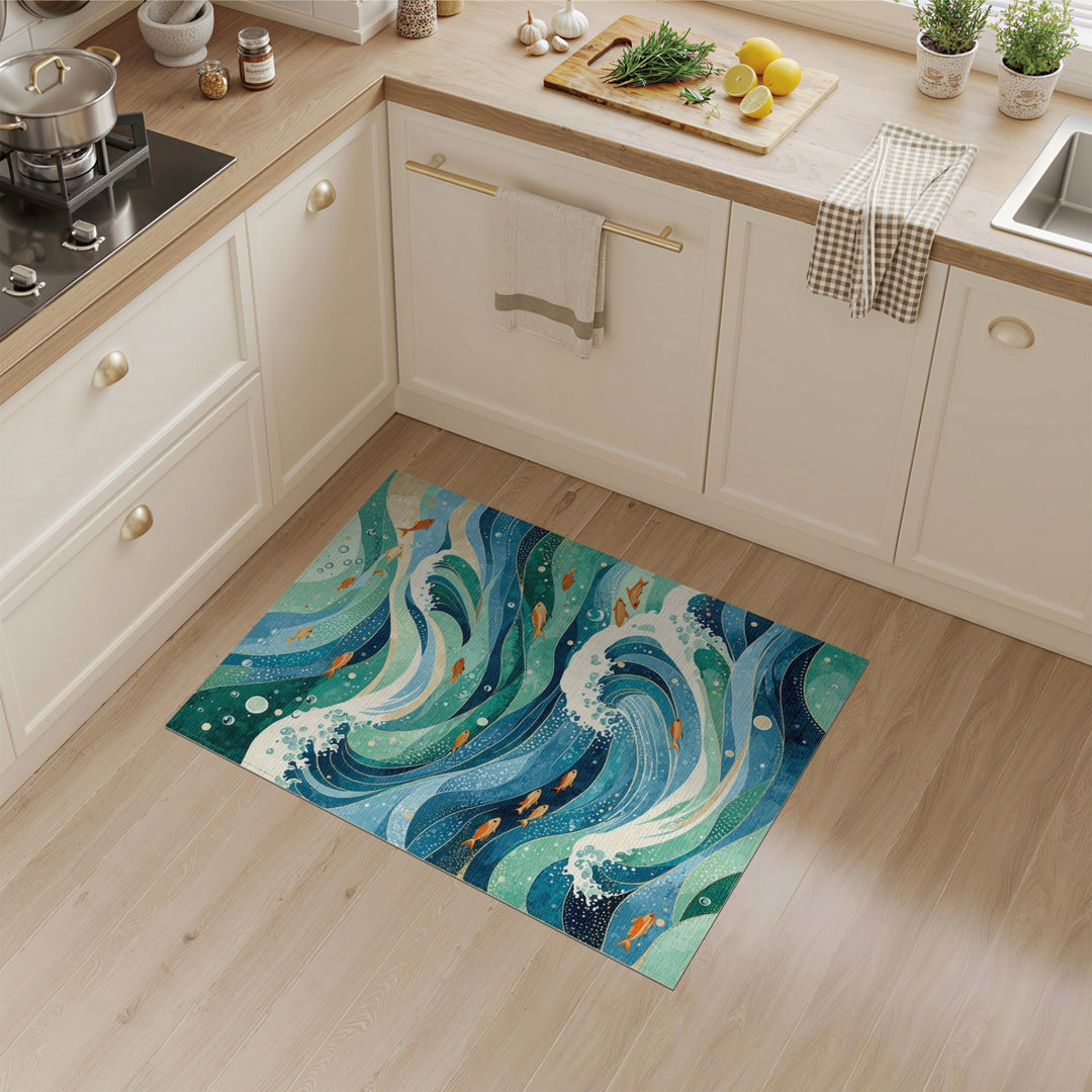 Blue Teal Ocean Wave Fish Area Rug