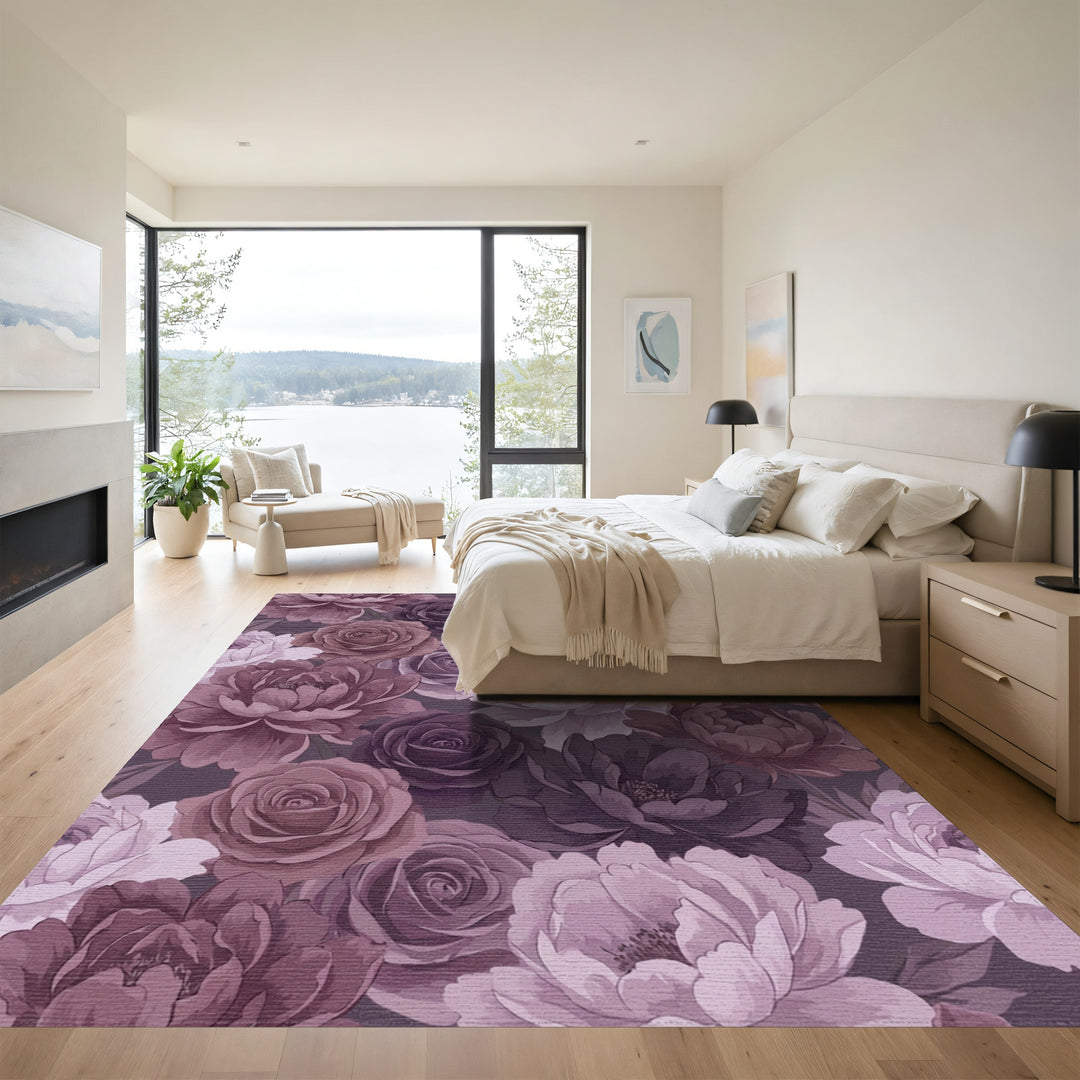 Romantic Plum And Mauve Peony Rose Garden Rug