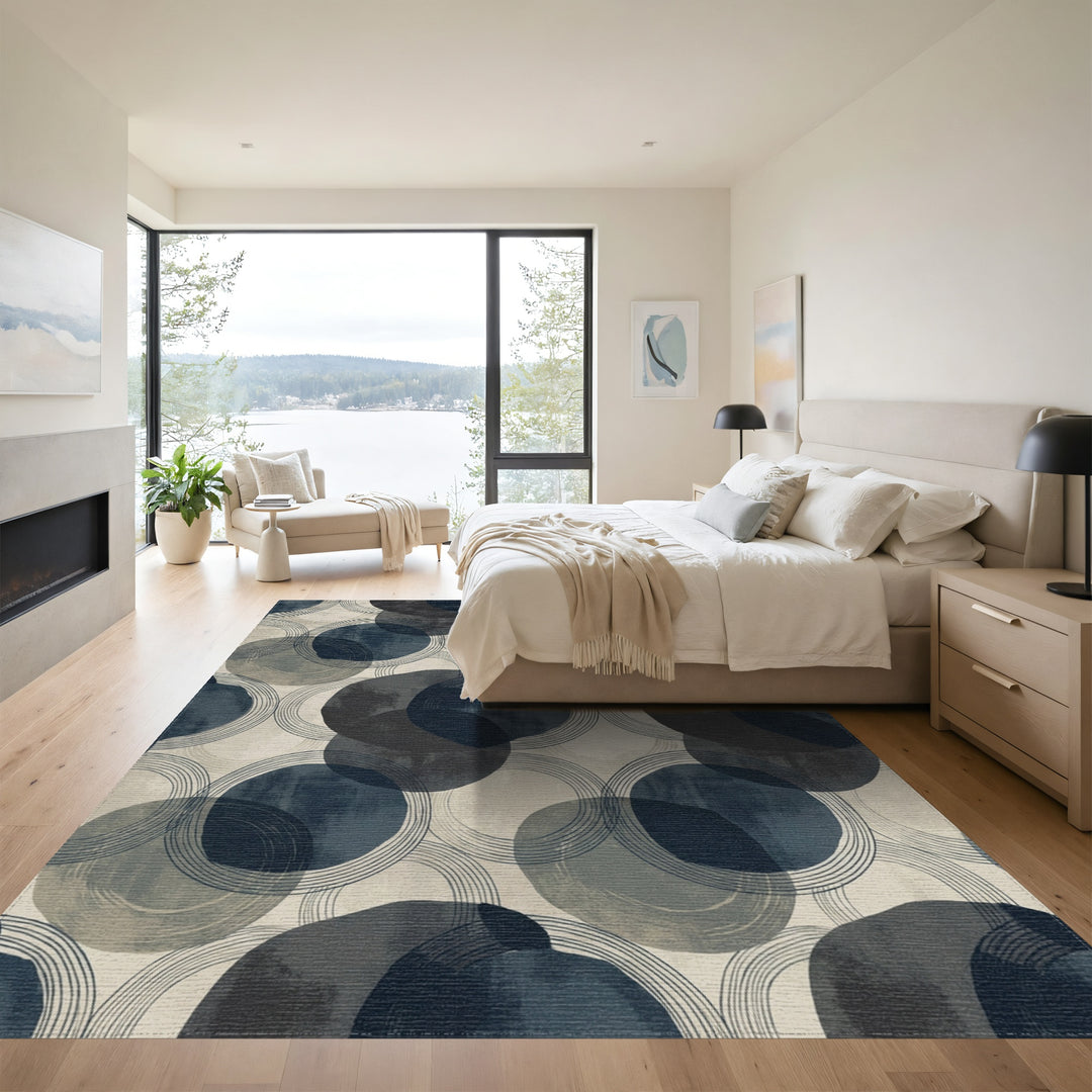 Mid-century navy blue abstract circles Rug