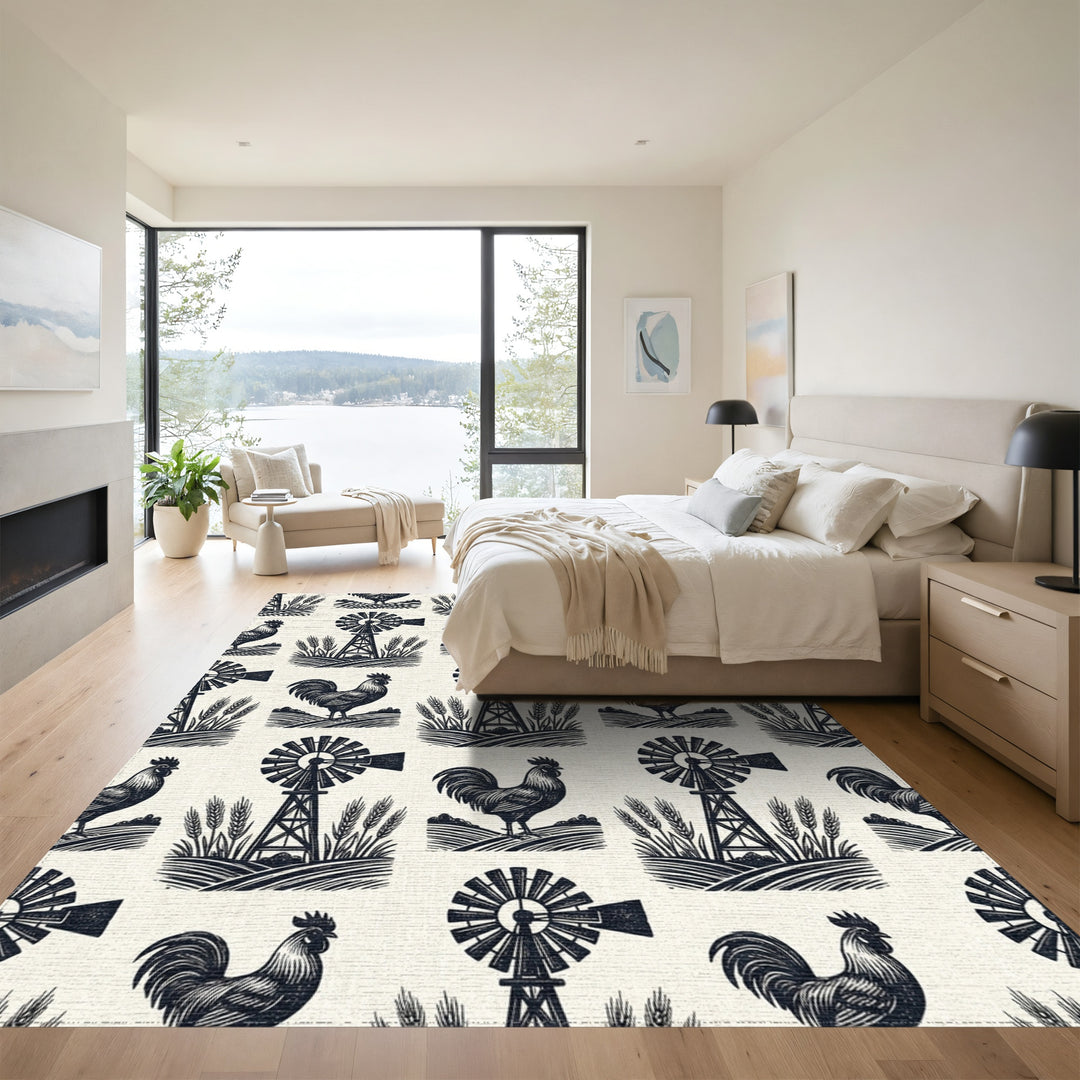 Farmhouse Rooster Windmill Wheat Field Rug