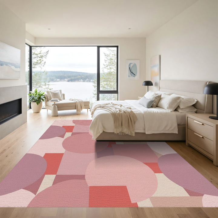 Retro Pink Geometric Circles and Squares Rug