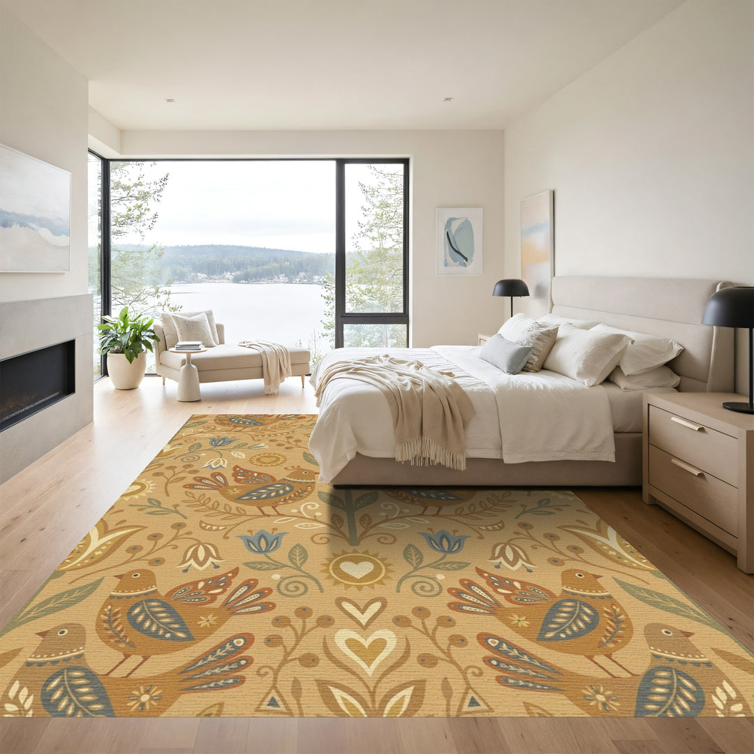 Folk Art Inspired Birds Floral Ochre Rug