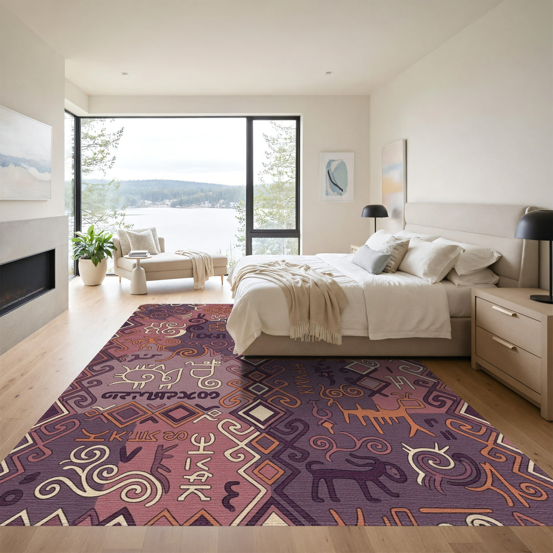 Ornate Ancient Symbols Burgundy Textile Rug